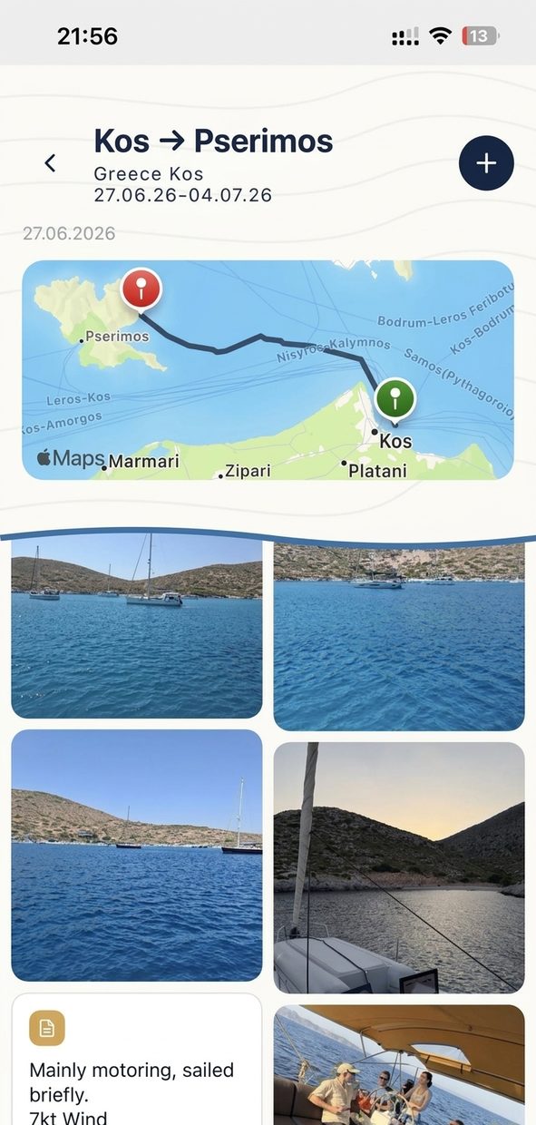 SeaMemo app: the leg from Kos to Pserimos with the recorded route on the nautical chart, the crew's photo gallery below and a journal entry with wind and sailing notes