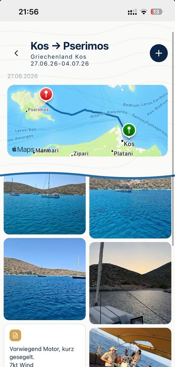 SeaMemo-App: die Etappe Kos nach Pserimos mit der aufgezeichneten Route auf der Seekarte, darunter die Fotogalerie der Crew und ein Journaleintrag mit Wind- und Fahrtnotizen