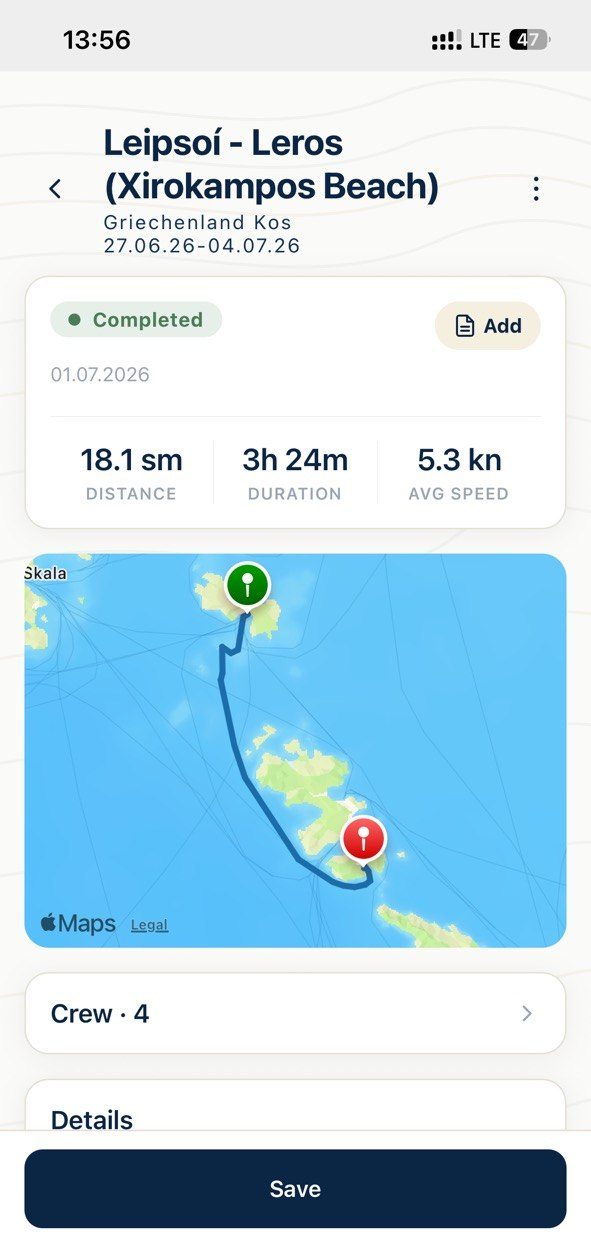SeaMemo app: the completed leg from Leipsoí to Leros (Xirokampos Beach) with 18.1 nautical miles, 3 hours 24 minutes and a 5.3-knot average, the GPS-recorded route on the nautical chart and a four-person crew