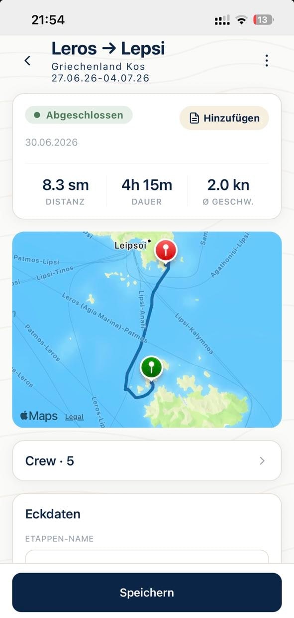 SeaMemo-App: die abgeschlossene Etappe Leros nach Lepsi mit 8,3 Seemeilen, 4 Stunden 15 Minuten Dauer und 2,0 Knoten Durchschnitt, darunter die per GPS aufgezeichnete Route auf der Seekarte und die Crew mit fünf Personen