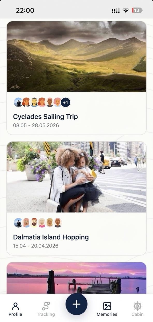 SeaMemo app: the Memories overview with the trips “Cyclades Sailing Trip” and “Dalmatia Island Hopping”, each with a cover photo, dates and the avatars of the crew on board