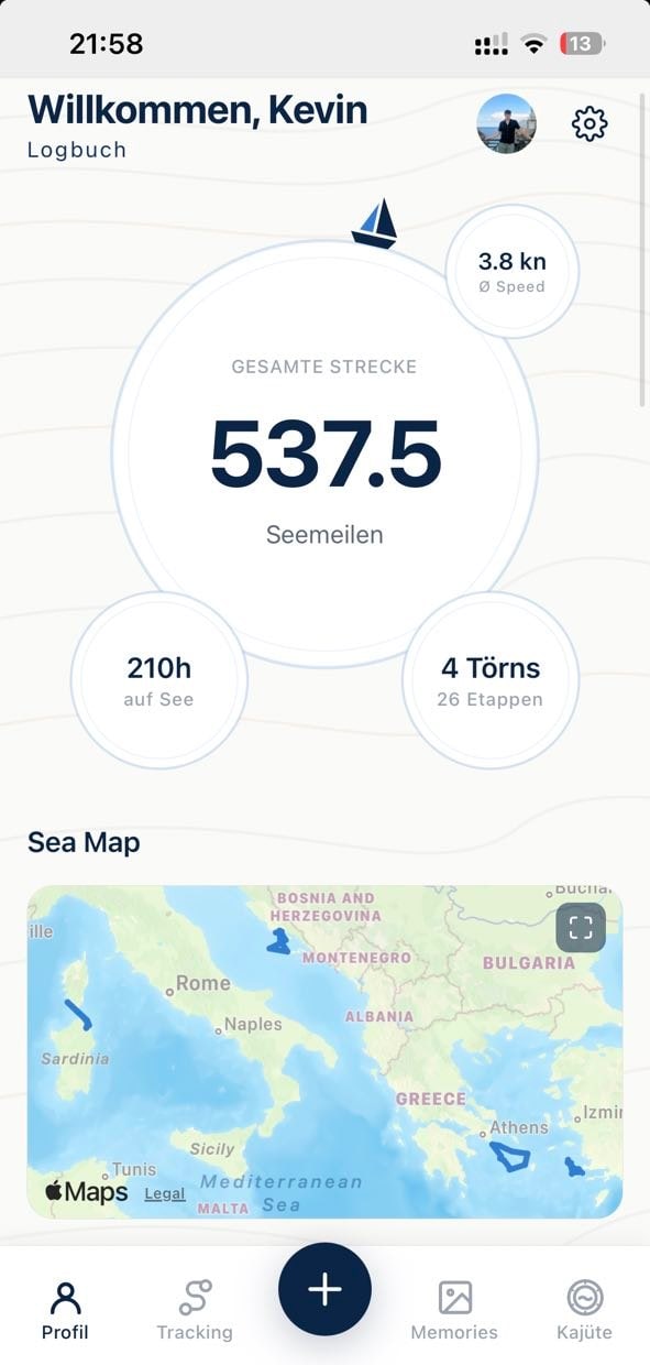 SeaMemo-App: das Seglerprofil mit 537,5 gesamten Seemeilen, 3,8 Knoten Durchschnitt, 210 Stunden auf See sowie 4 Törns mit 26 Etappen, darunter die persönliche Sea Map mit allen gefahrenen Routen im Mittelmeer