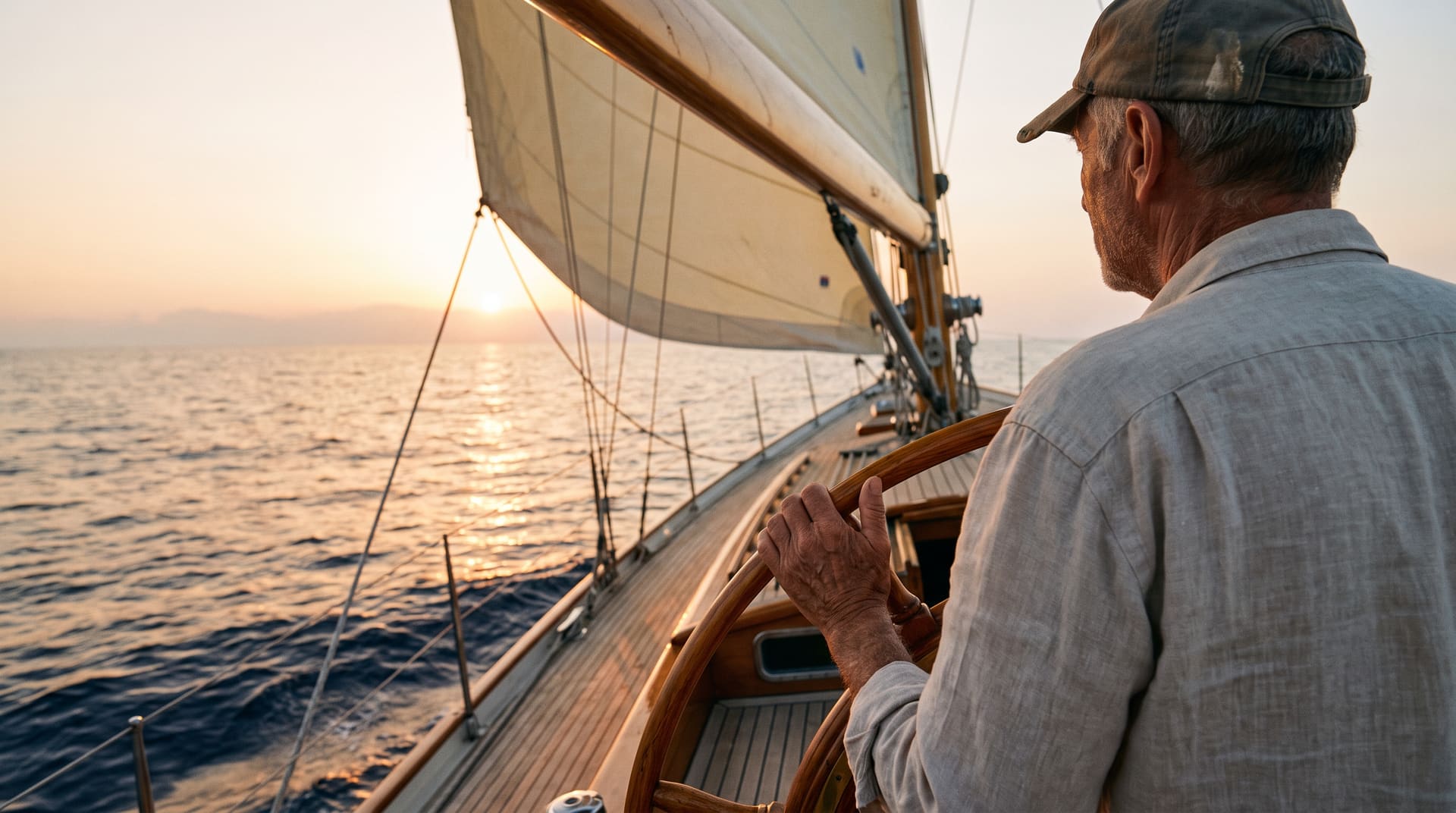 Skipper am hölzernen Steuerrad einer Segelyacht bei Sonnenuntergang auf offener See